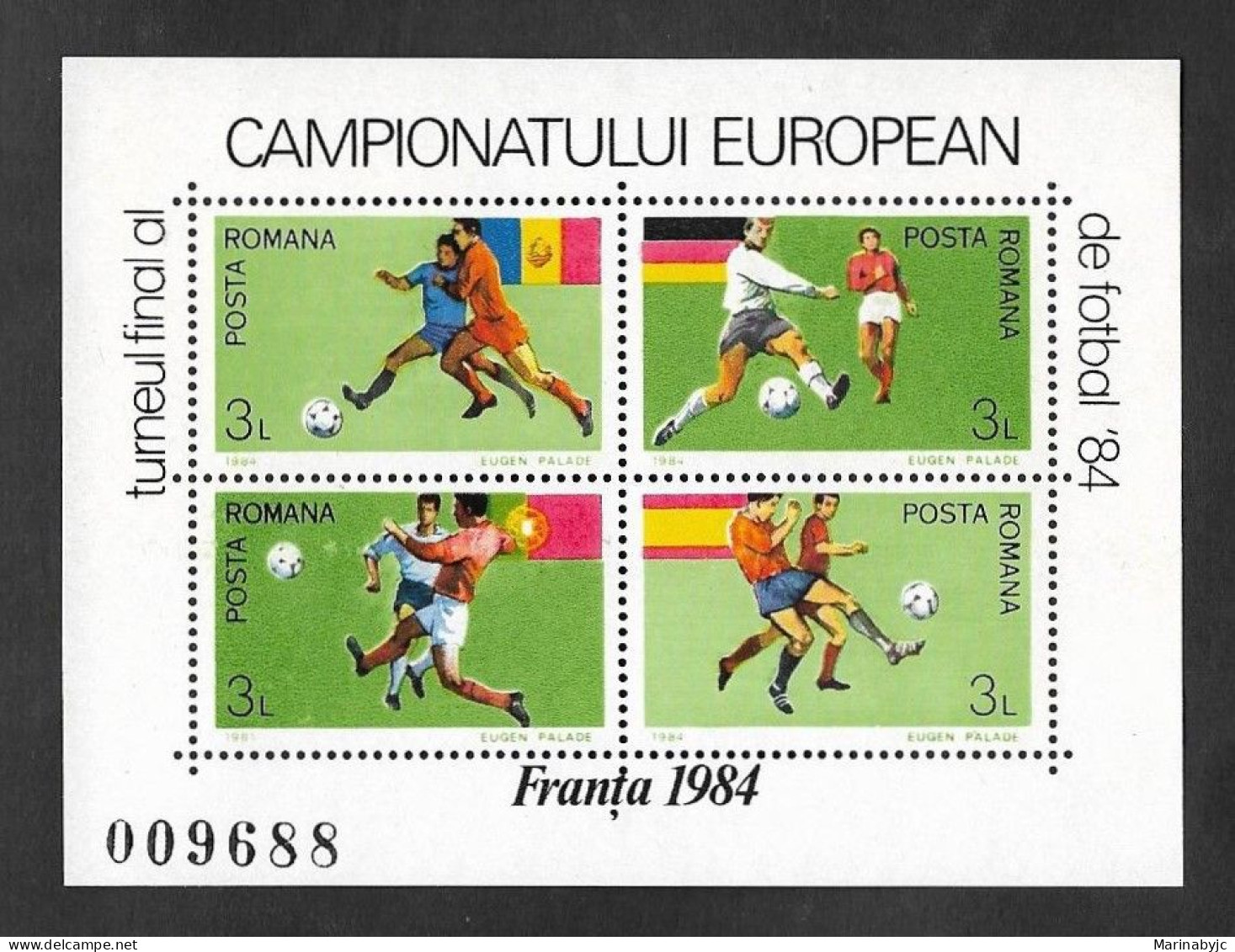 SE)1984 ROMANIA, WORLD FOOTBALL CHAMPIONSHIP FRANCE 84', MINISHEET OF 4 STAMPS MNH - Usati