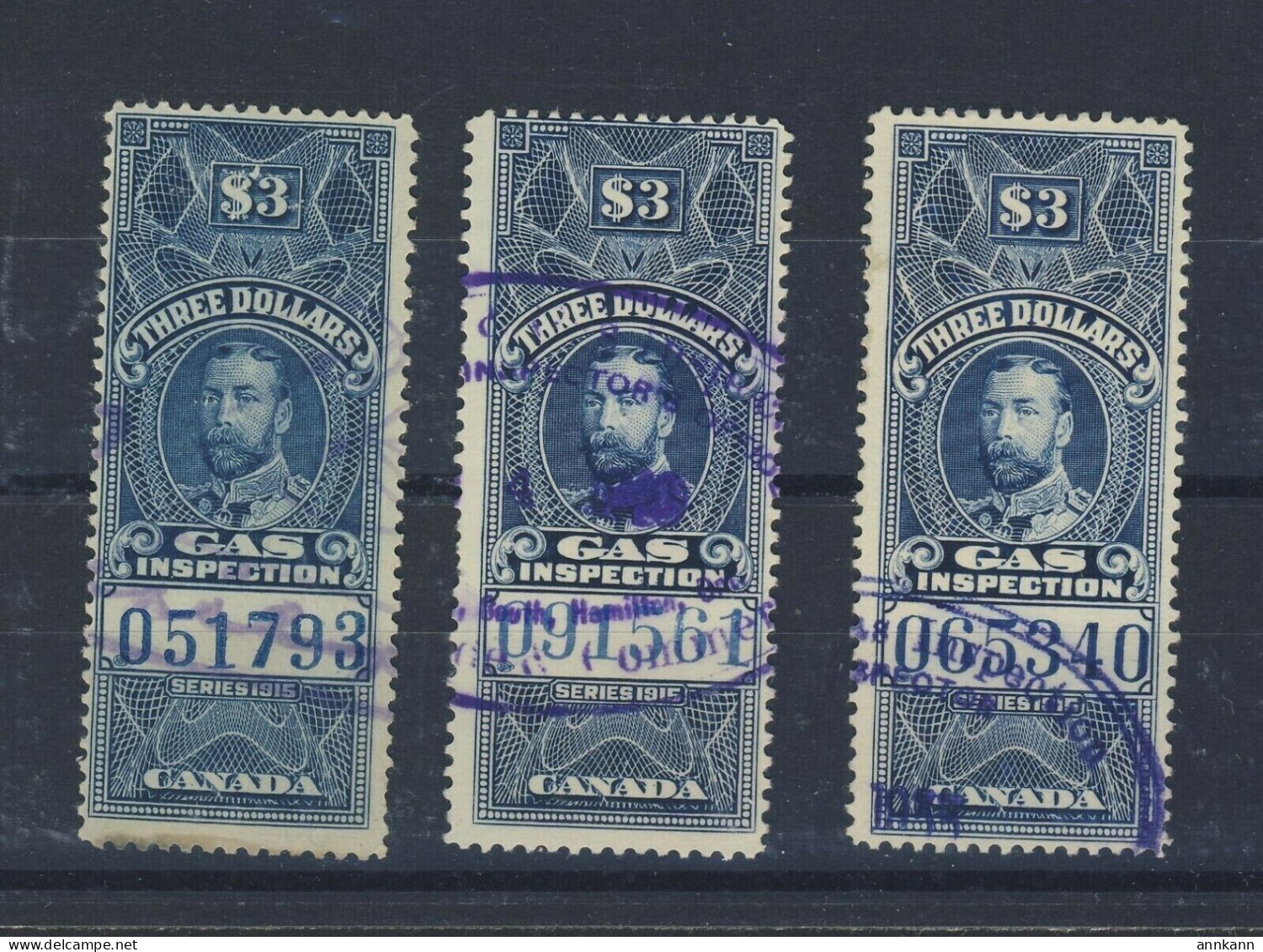3x Canada Revenue Gas $3.00 Used Stamps #FG31 -$3.00 Blue Guide Value = $21.00 - Steuermarken