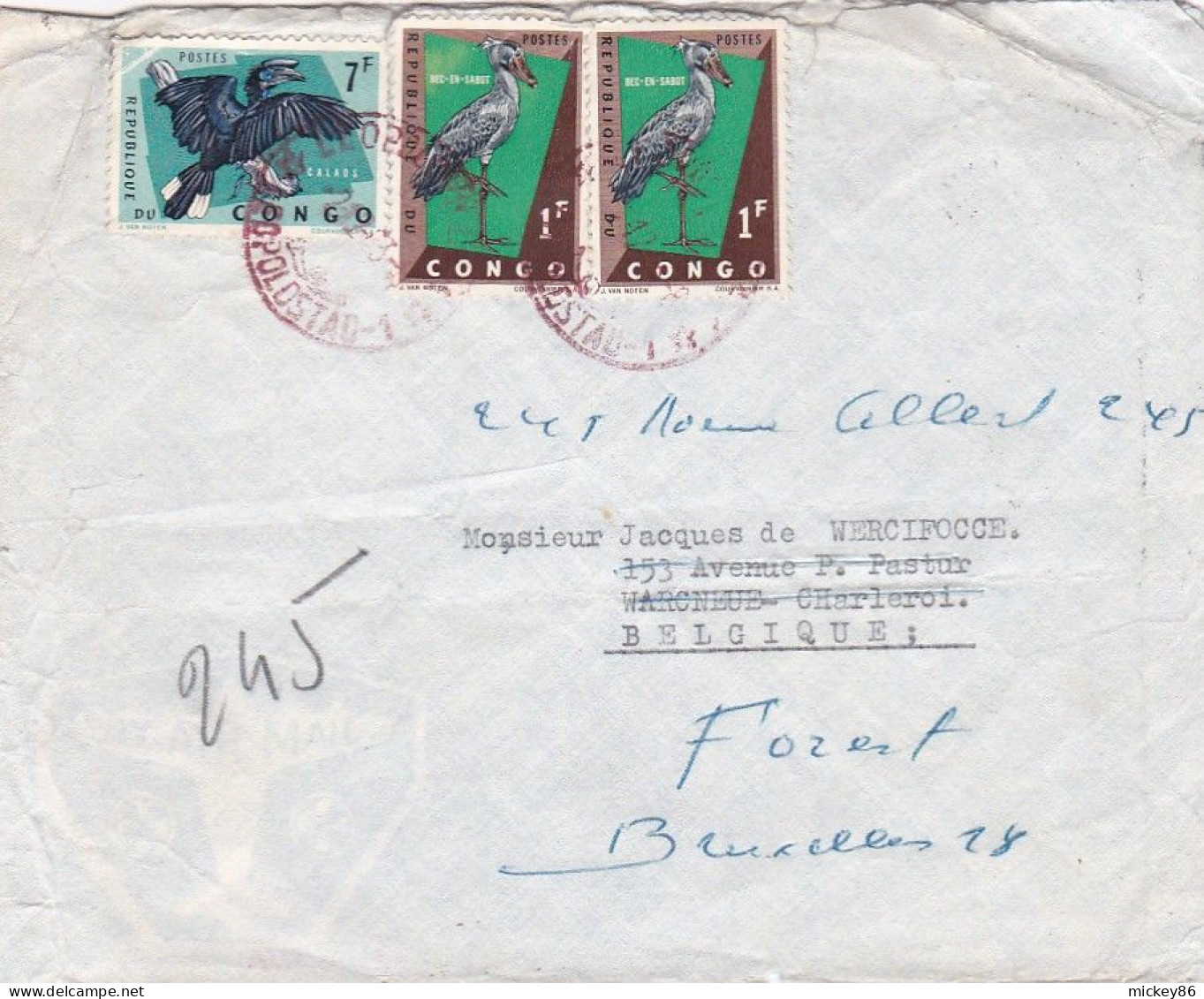CONGO --lettre De LEOPOLDVILLE Pour CHARLEROI Réexpédiée Sur BRUXELLES (Belgique)  Timbre..cachet CHARLEROI Au Verso - Covers & Documents