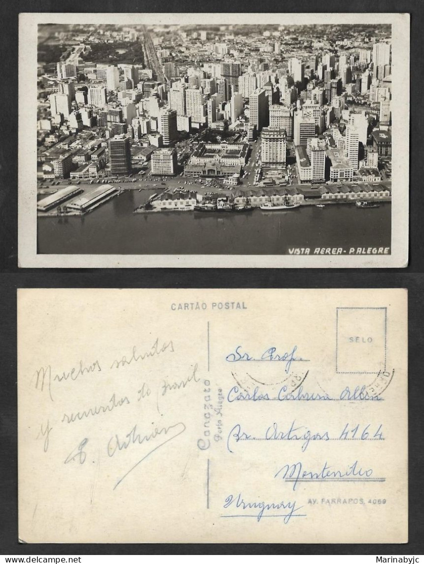 SE)1945 BRAZIL, POSTCARD AERIAL VIEW OF THE CITY OF PORTO ALEGRE, CIRCULATED COVER TO MONTEVIDEO URUGUAY, VF - Usati
