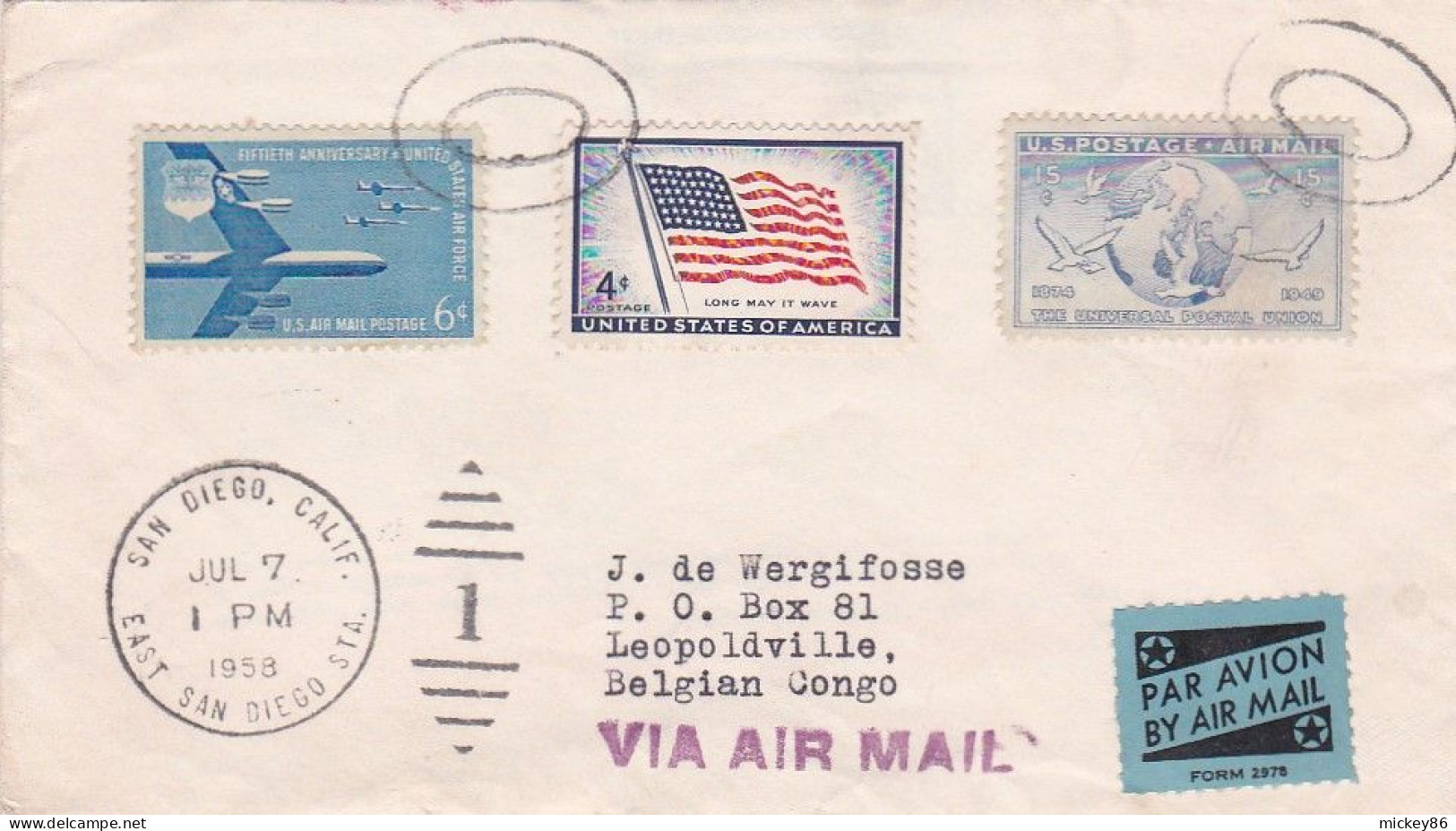 Etats-Unis --1958--lettre SAN DIEGO (Calif)  Pour LEOPOLDVILLE (Congo Belge) ..timbres (avion, Drapeau ) ....cachets - Covers & Documents