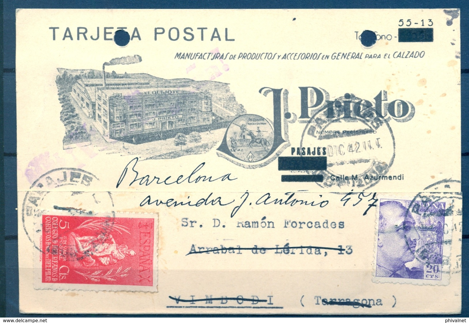 1942 , GUIPÚZCOA , TARJETA POSTAL COMERCIAL CIRCULADA ENTRE PASAJES Y VIMBODI ( LLEGADA LINEAL ) , REDIRIGIDA - Storia Postale