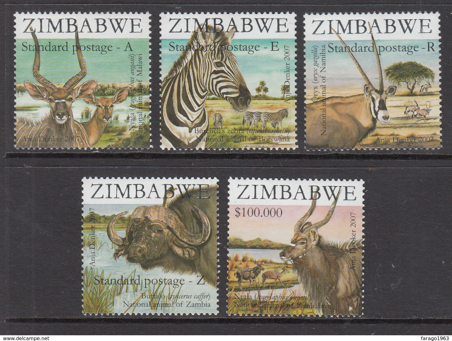 2007 Zimbabwe National Animals Zebra Buffalo FOIL Complete Set Of 5 MNH - Zimbabwe (1980-...)