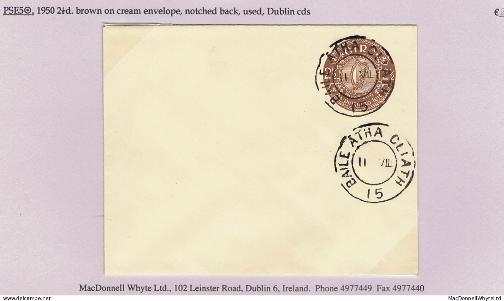 Ireland Postal Stationery 1950 2½d Brown Envelope, Stamp Typographed, Notched Back, Used Dublin Cds - Interi Postali