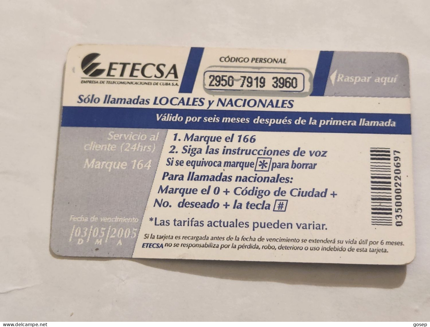 CUBA-(CU-PR-018)-Nuevo Servicio166-(66)-(10pesos)-(2950-7919-3960)-used Card+1card Prepiad Free - Cuba