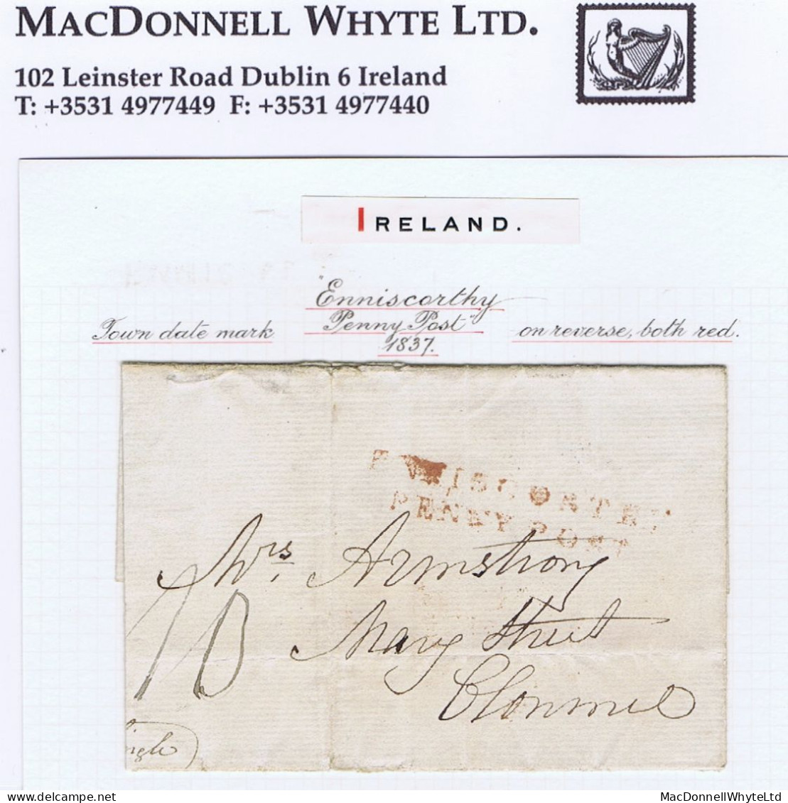 Ireland Wexford Waterford 1834 Cover To Clonmel "single" With ENNISCORTHY/PENNY POST In Brown-red - Vorphilatelie