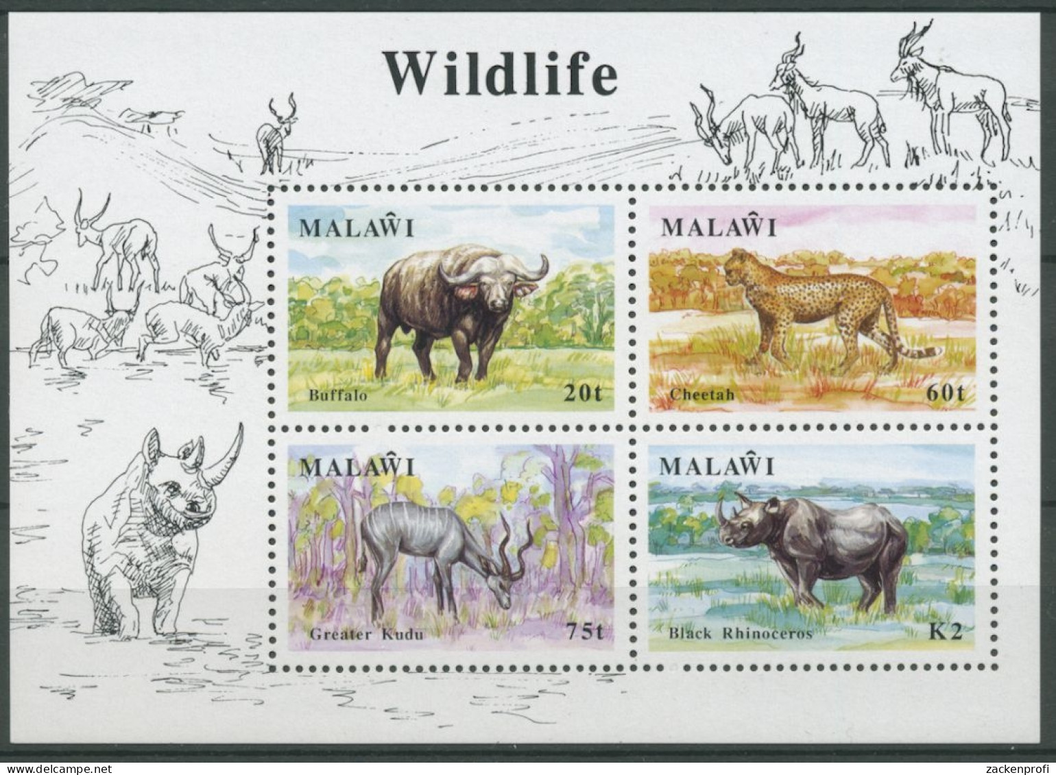 Malawi 1991 Wildtiere Büffel Nashorn Kudu Block 74 Postfrisch (C26612) - Malawi (1964-...)