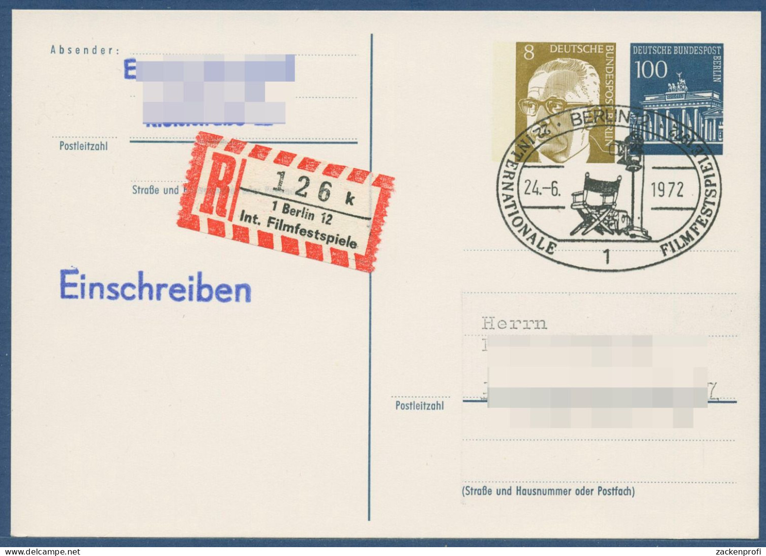 Berlin 1972 Filmfestspiele Sonder-R-Zettel, PP 44/1 Gebraucht (X41022) - Postales Privados - Usados