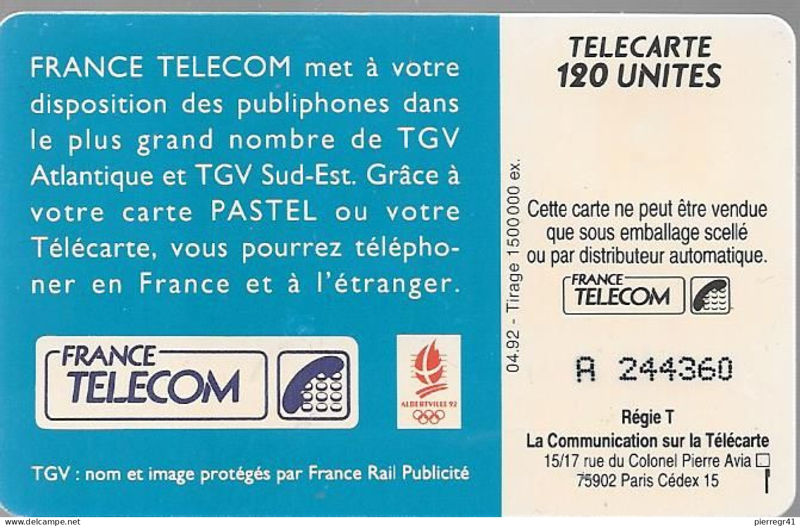 CARTE-PUBLIC-F274-120U-SO2-04/92-TGV-Le Téléphone-A 244360-2 Droit-Utilisé-TBE- - 1992