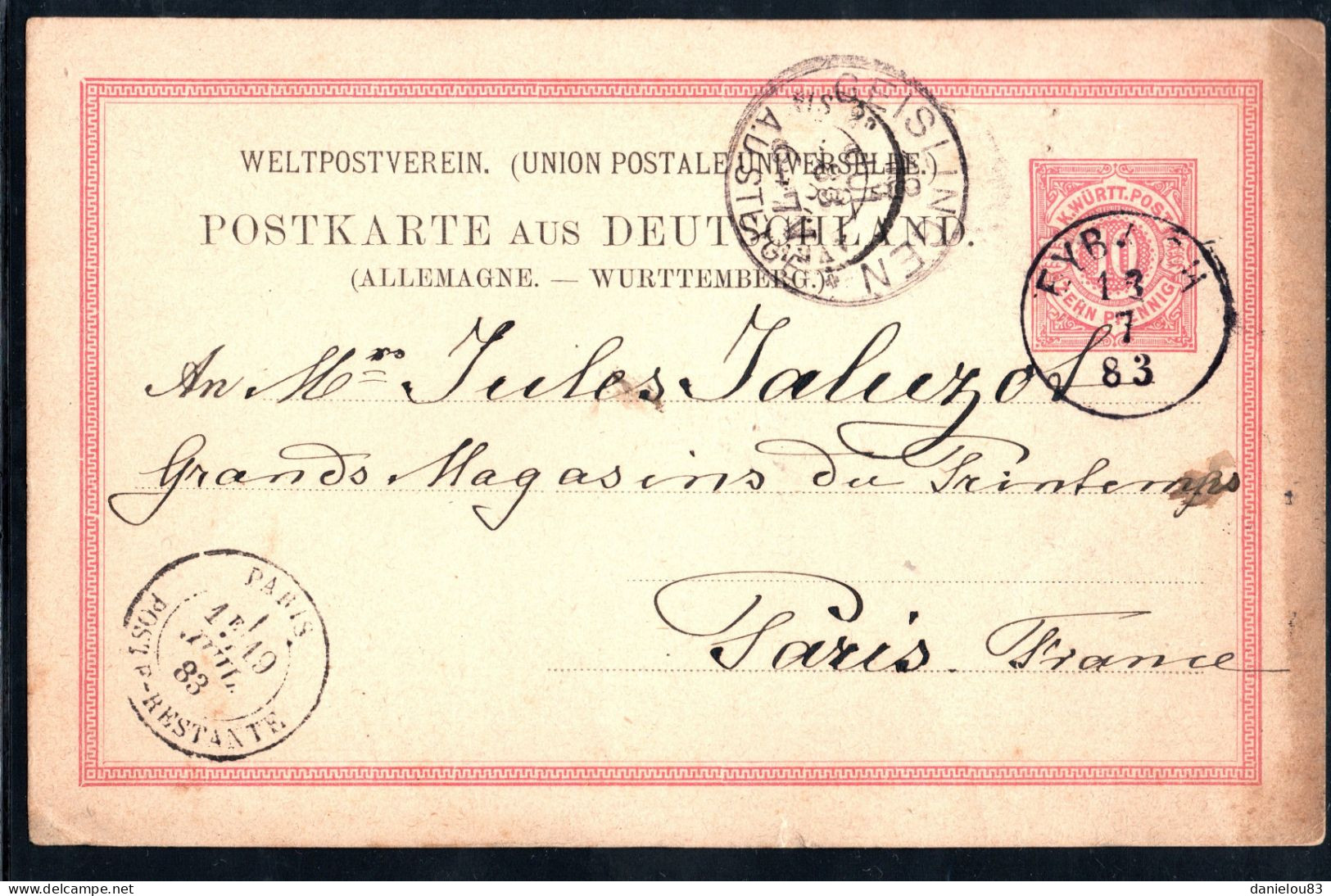 Carte Postale POSTKARTE  Deutshland Allemagne - De GEISLINGEN  à PARIS- Année 1883 - Affranchissement: 10 PFENNIG - Geislingen