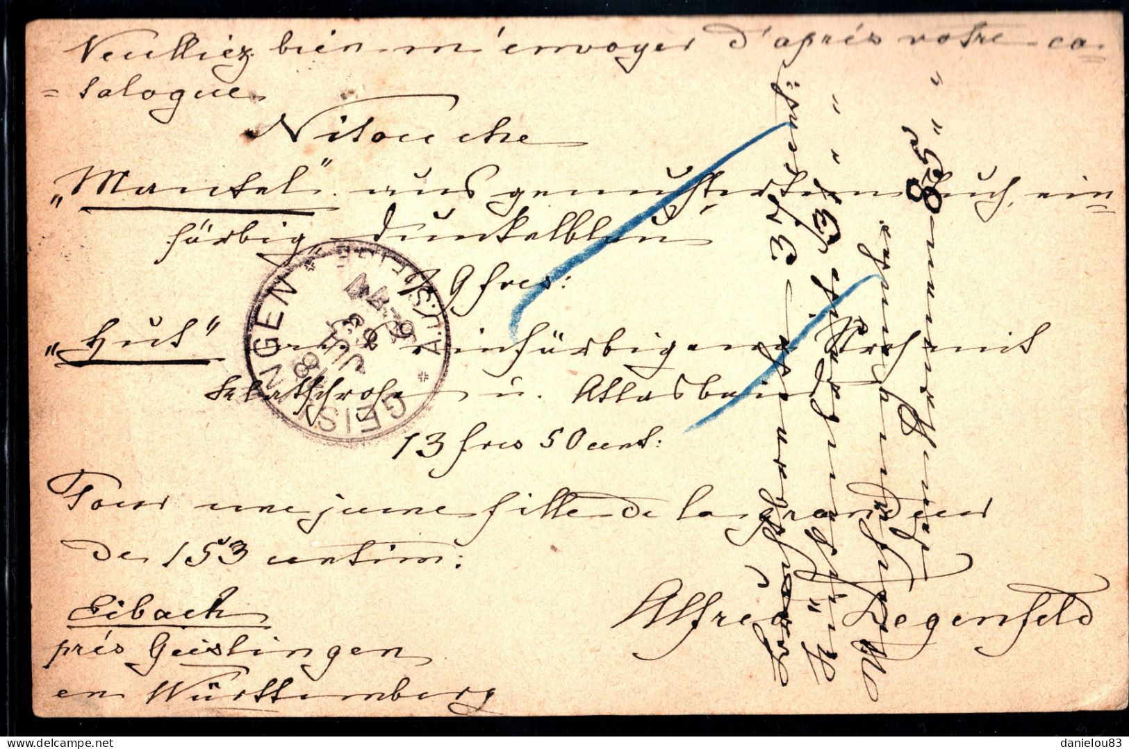 Carte Postale POSTKARTE  Deutshland Allemagne - De GEISLINGEN  à PARIS- Année 1883 - Affranchissement: 10 PFENNIG - Geislingen