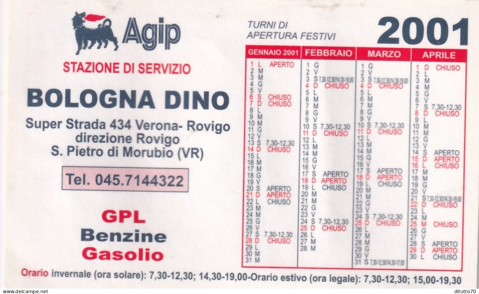 Calendarietto - AGIP - Stazione Di Servizio - Bologna Dino - S.pietro Di Morubio - Verona - Anno 2001 - Tamaño Pequeño : 2001-...