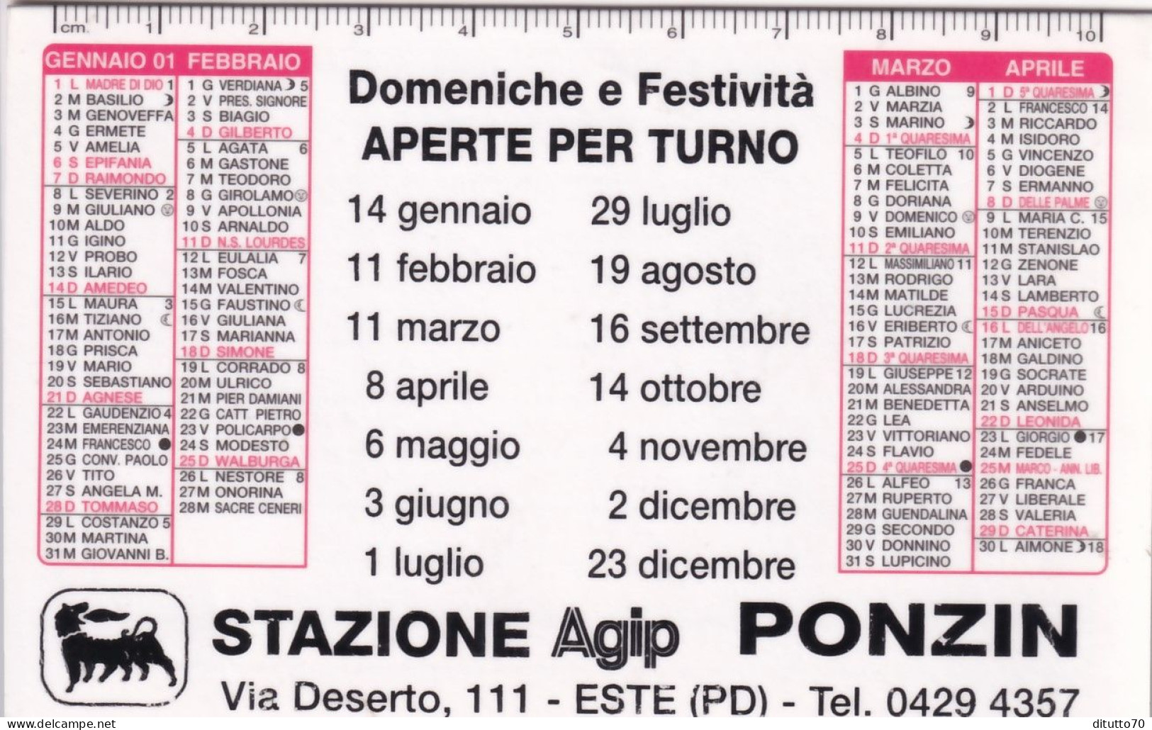 Calendarietto - AGIP - Stazione Di Servizio - Ponzin - Este - Padova - Anno 2001 - Tamaño Pequeño : 2001-...