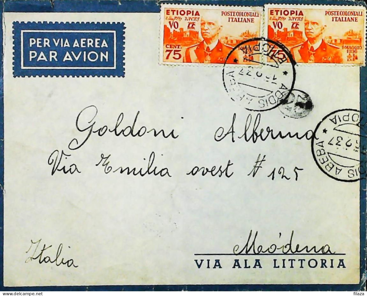 ITALIA - COLONIE -  ETIOPIA C.75 X 2 Lettera Da ADDIS ABEBA Del 1937- S6173 - Ethiopie