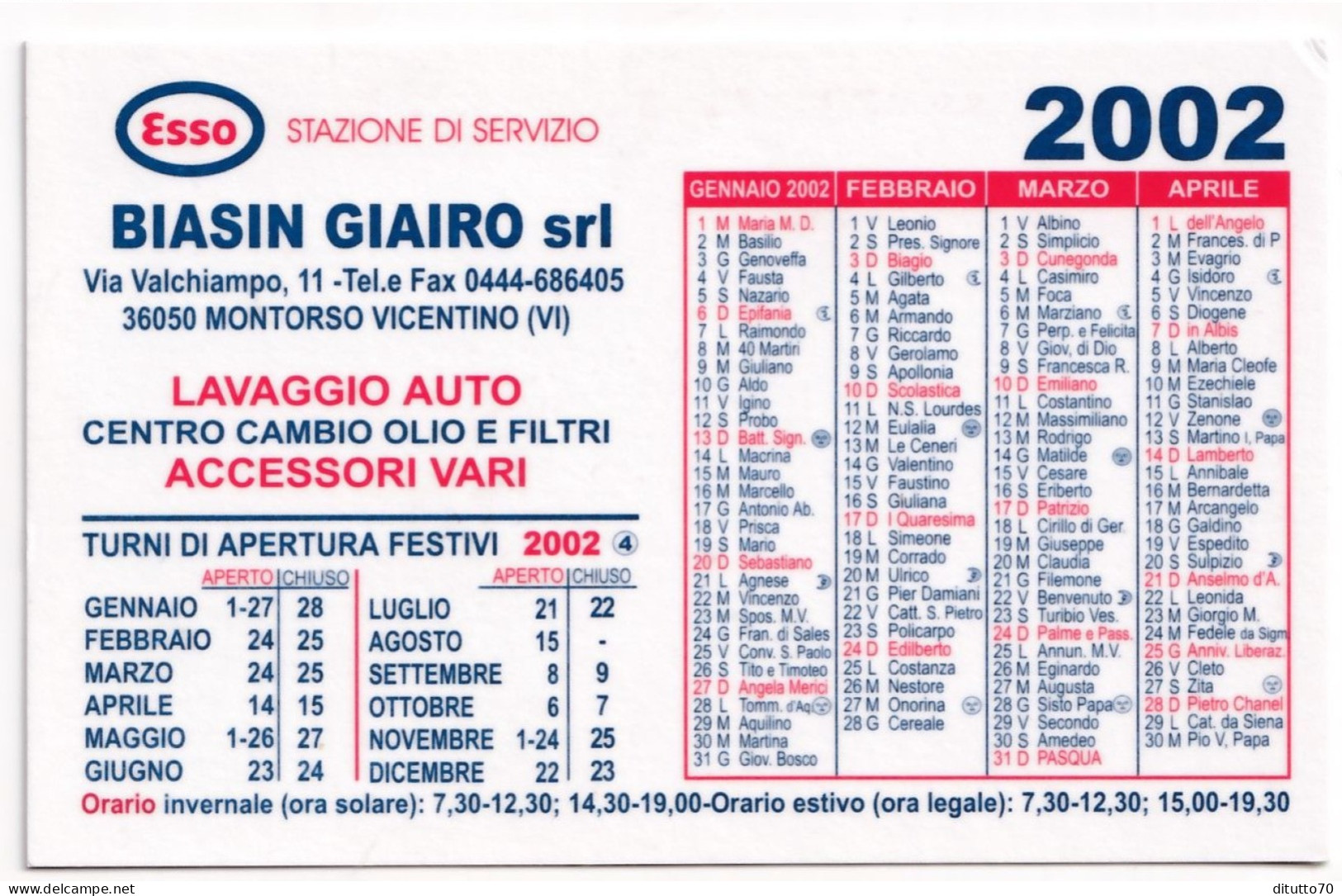Calendarietto - ESSO - Stazione Di Servizio - Biasin Giairo Srl - Montorso Vicntino - Anno 2002 - Tamaño Pequeño : 2001-...