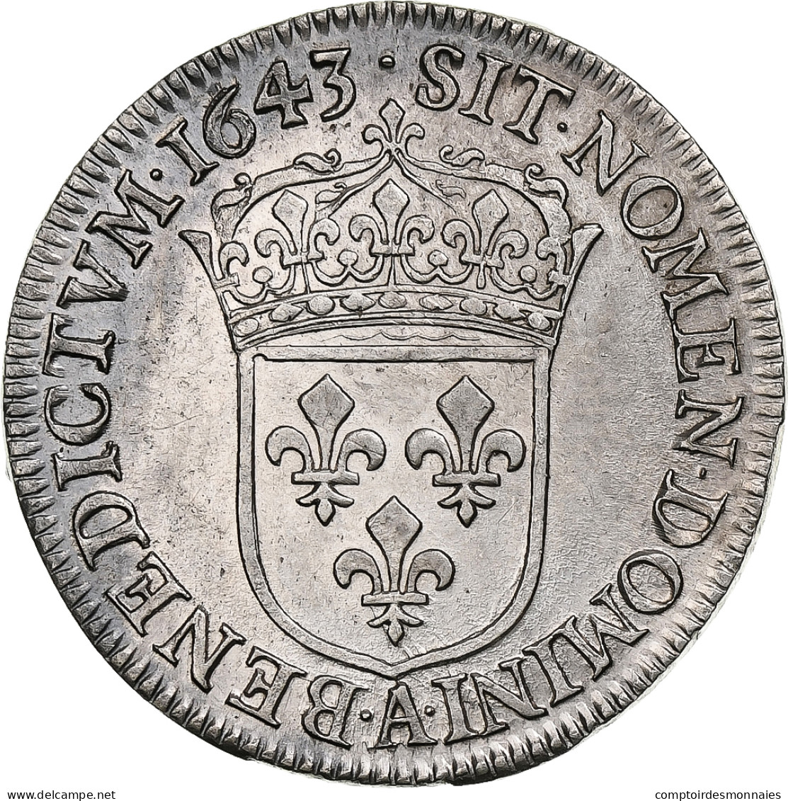 France, Louis XIII, 1/4 Ecu, 1643, Paris, Point, Argent, TTB+, Gadoury:48 - 1610-1643 Luis XIII El Justo