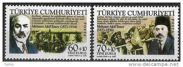2006 TURKEY THE 70TH ANNIVERSARY OF MEHMET AKIF ERSOY 'S DEATH MNH ** - Neufs