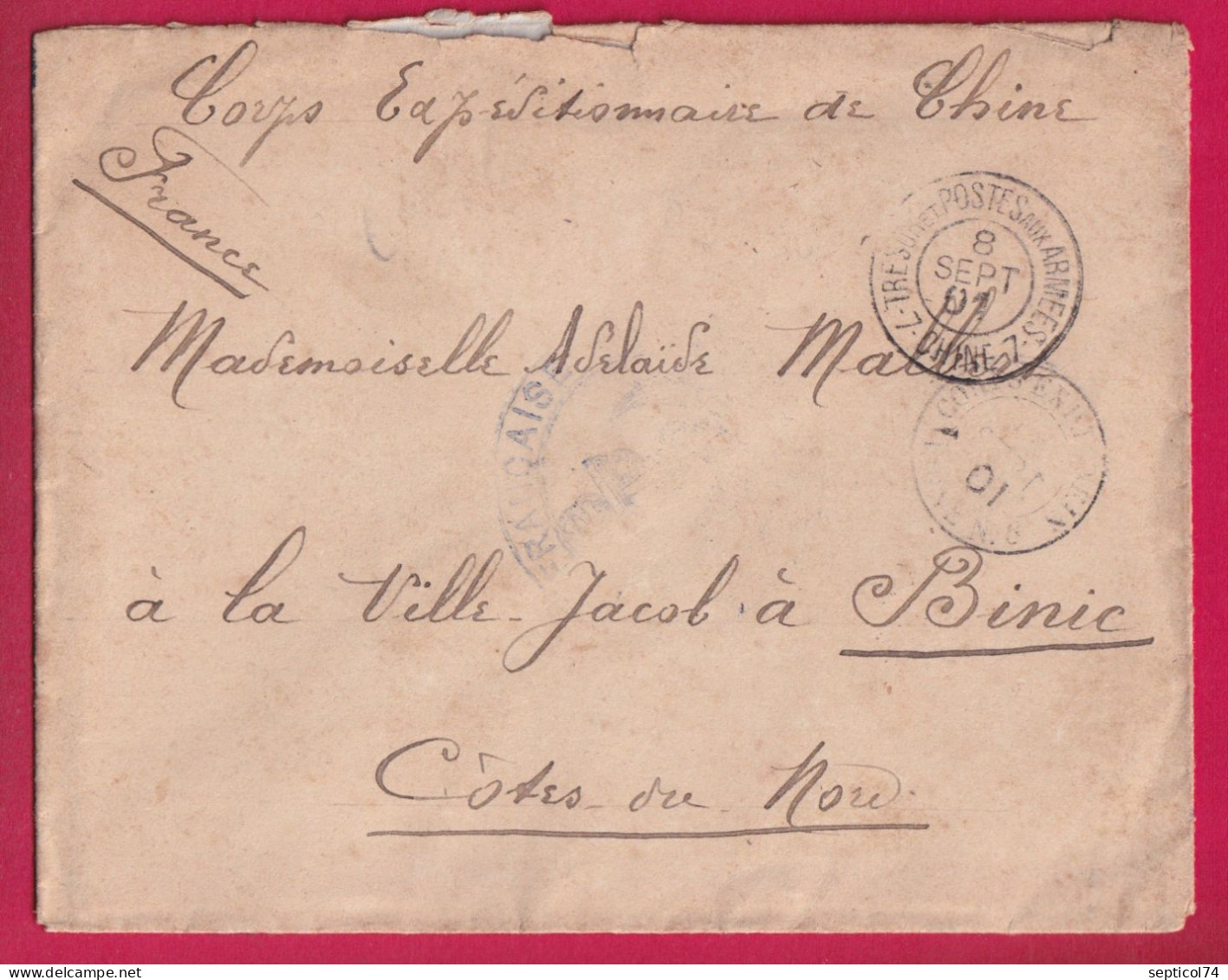 CORPS EXPEDITIONNAIRE DE CHINE N°6 + TRESOR ET POSTES AUX ARMEES 7 CHINE 7 POUR BINIC COTES DU NORD 1901 LETTRE - Covers & Documents