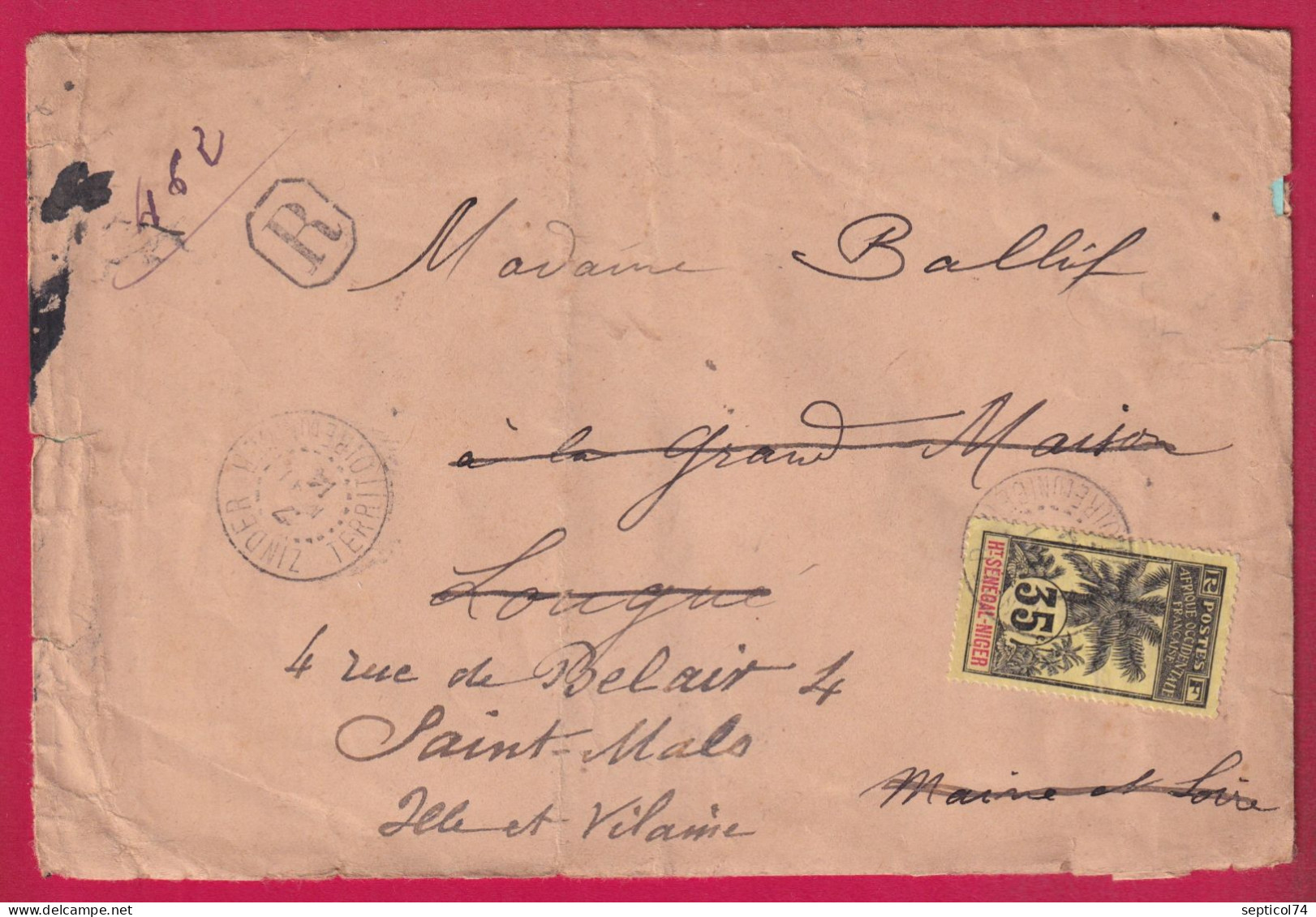 HAUT SENEGAL ET NIGER 35C COCOTIER ZINDER TERRITOIRE DU NIGER 1914 POUR ST MALO ILLE ET VILAINE LETTRE - Storia Postale