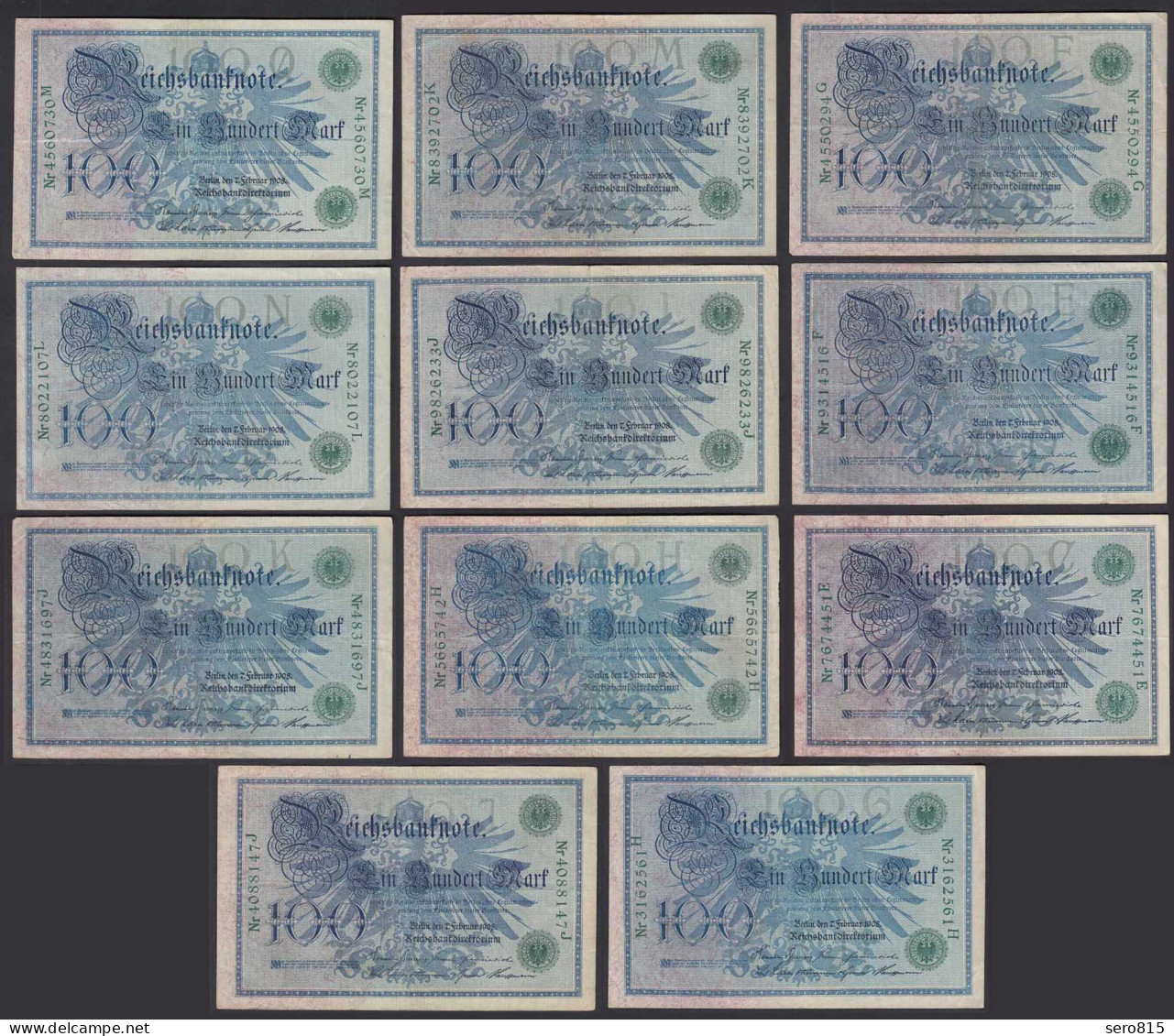 11 Stück á 100 Mark 1908  Ro 34 Pick 34 Verschiedene Unterdruck Buchstaben - Autres & Non Classés