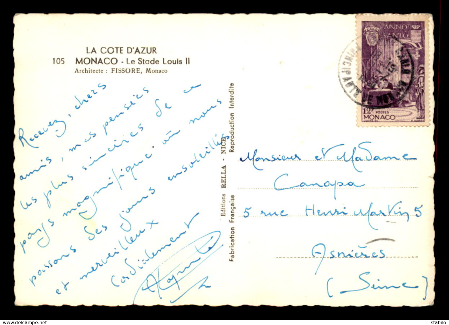 MONACO - TIMBRE 12 FRS N°358 SEUL SUR CARTE, VOYAGE LE 8.7.1951 SUR CARTE DU STADE LOUIS II (ARCHITECTE FISSORE) - Marcofilia