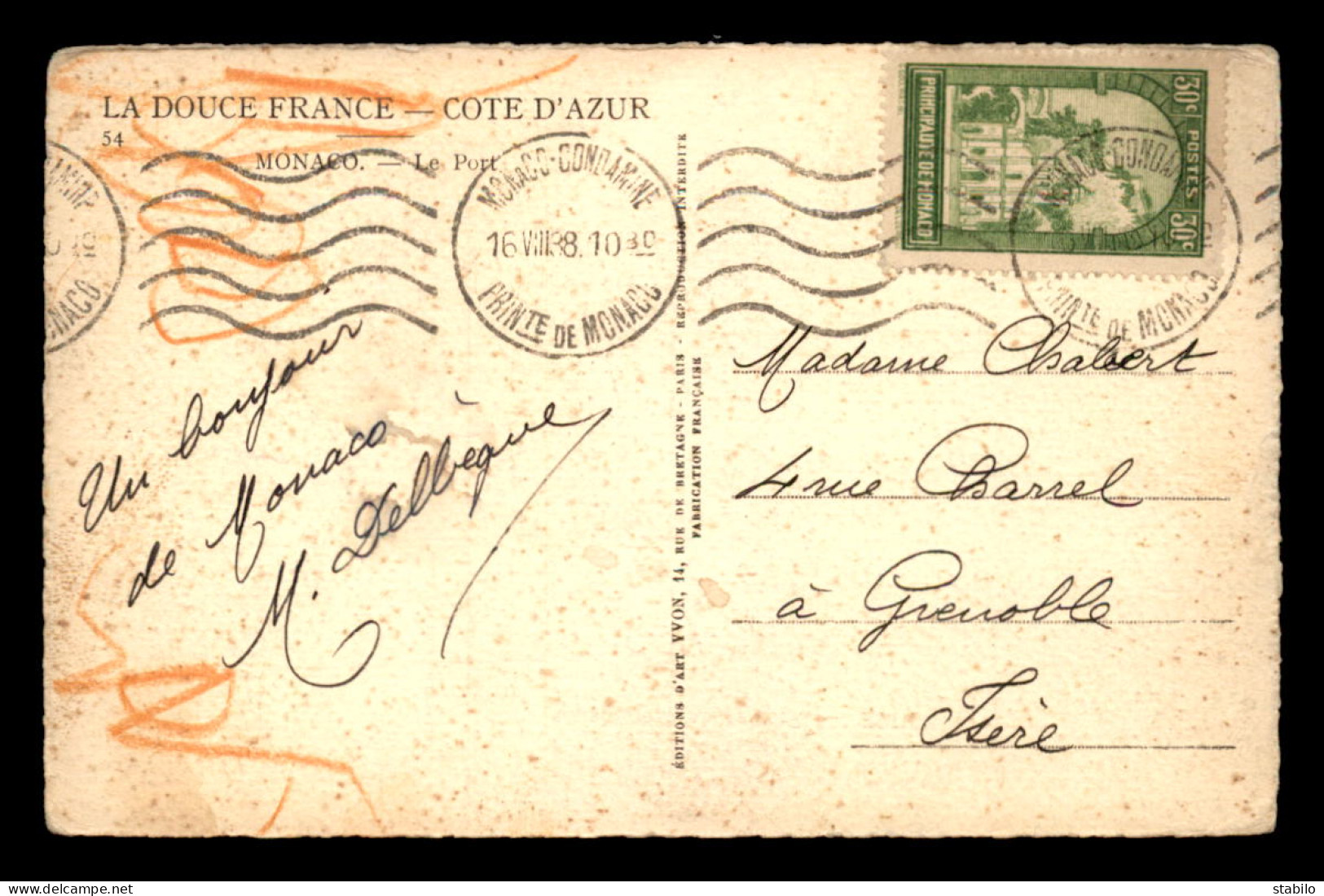 MONACO - OBLITERATION MECANIQUE DU 16.8.1938 SUR TIMBRE N°122 - Postmarks