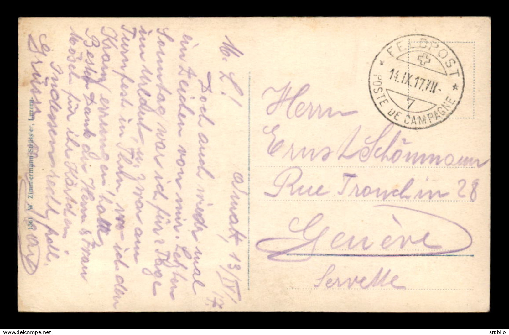 SUISSE - CACHET FELDPOST - POSTE DE CAMPAGNE DU 14.9.1917 - Marcophilie