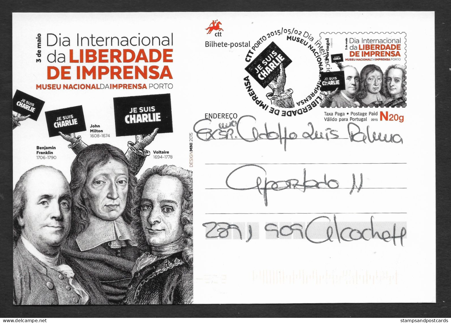 Portugal Je Suis Charlie Hebdo Liberté De Presse Voltaire Benjamin Franklin Entier Postale 2015 Postal Stationery - Revolución Francesa