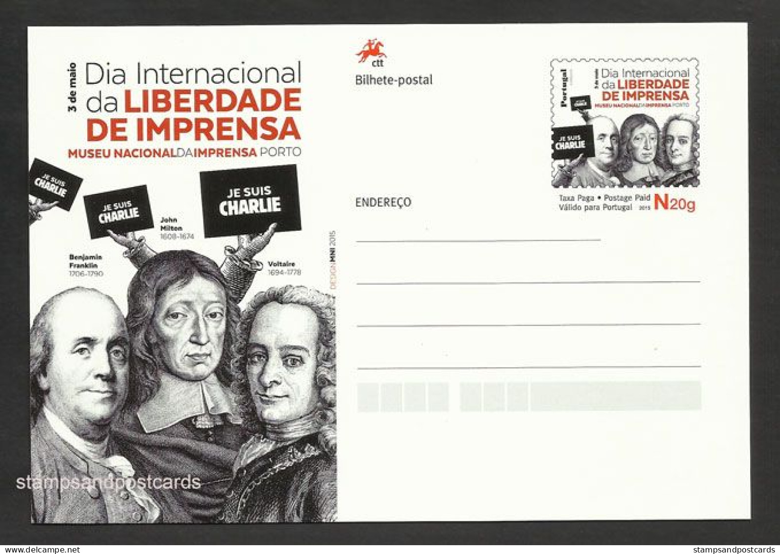 Portugal Je Suis Charlie Hebdo Liberté De Presse Voltaire Benjamin Franklin Entier Postale 2015 Postal Stationery - Revolución Francesa
