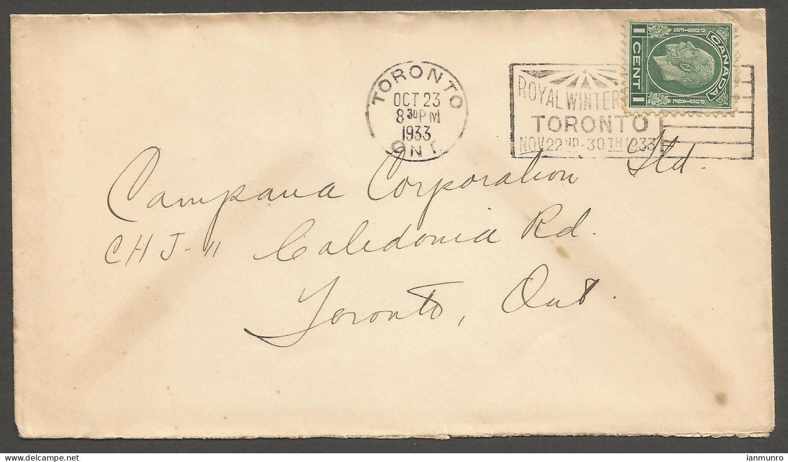 1933 Cover 1c Medallion Royal Winter Fair Slogan Toronto Ontario Local - Postgeschichte