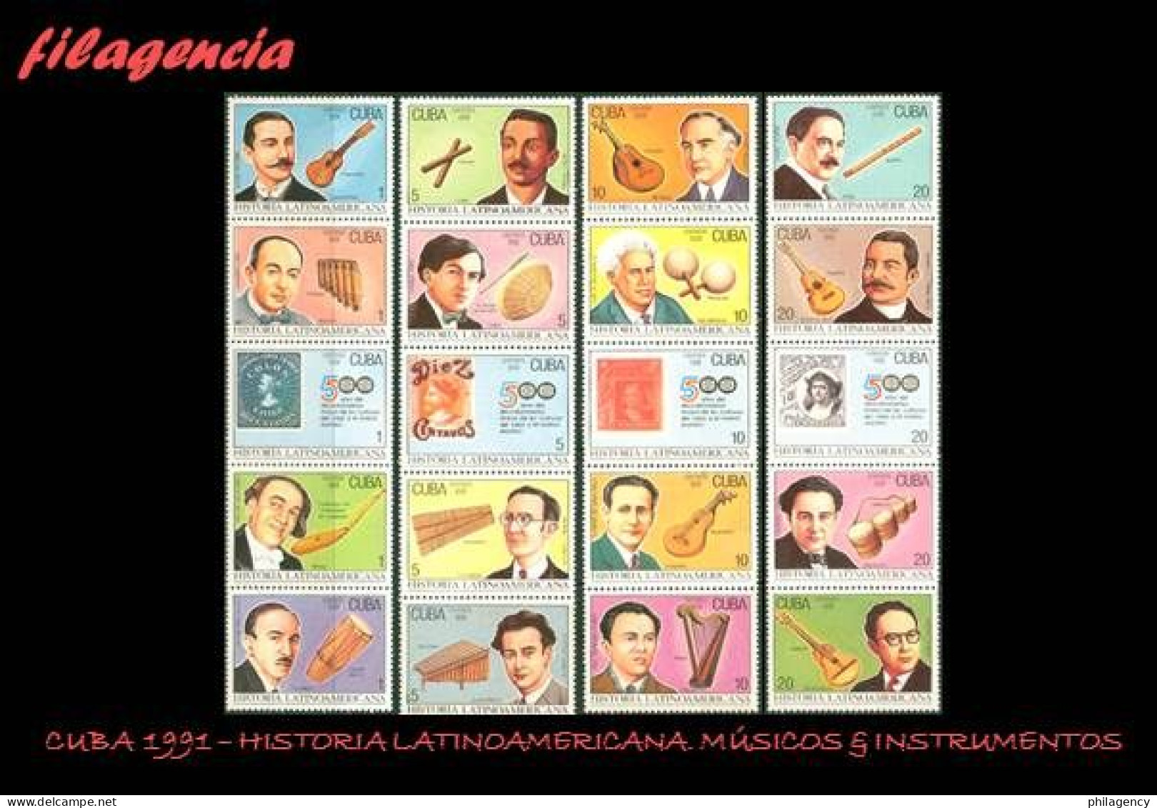 CUBA MINT. 1991-18 HISTORIA LATINOAMERICANA. V CENTENARIO DESCUBRIMIENTO DE AMÉRICA. MÚSICOS & INSTRUMENTOS MUSICALES - Ungebraucht