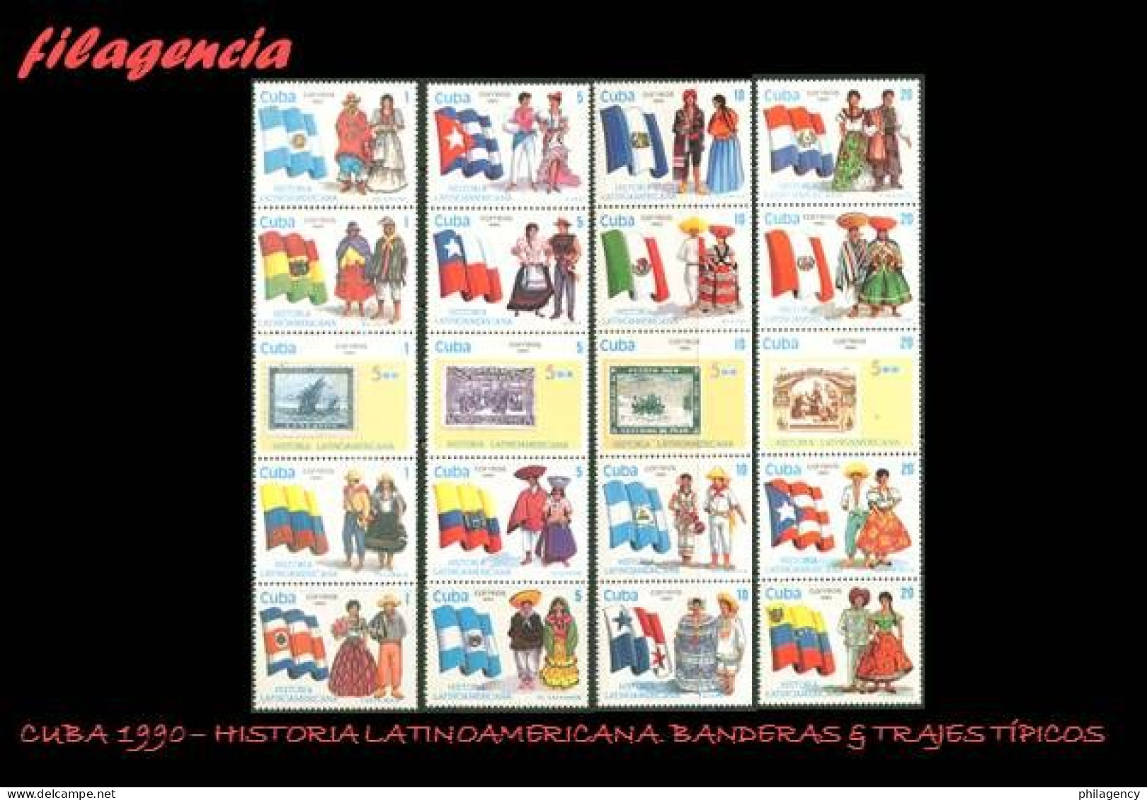 CUBA MINT. 1990-23 HISTORIA LATINOAMERICANA. V CENTENARIO DESCUBRIMIENTO DE AMÉRICA. TRAJES TÍPICOS & BANDERAS - Ongebruikt