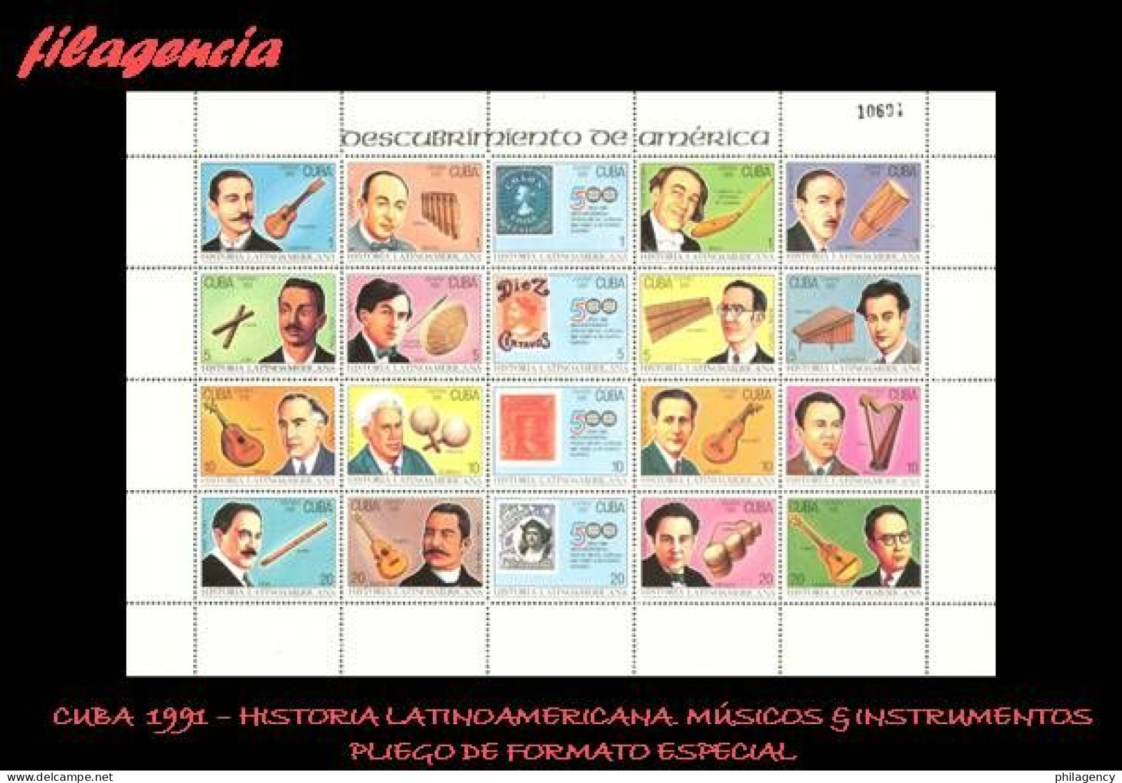 CUBA MINT. 1991-18 HISTORIA LATINOAMERICANA. V CENTENARIO DESCUBRIMIENTO DE AMÉRICA. MÚSICOS. MINIPLIEGO - Neufs
