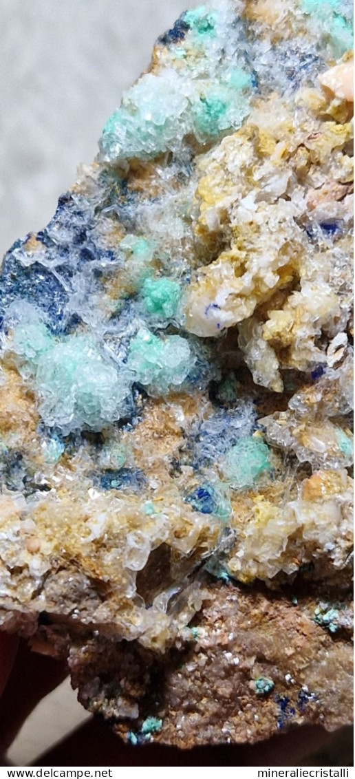 Rosasite Rosasite gesso dolomite azzurrite  calcite cristalli su matrice 210 gr Marocco 9 cm