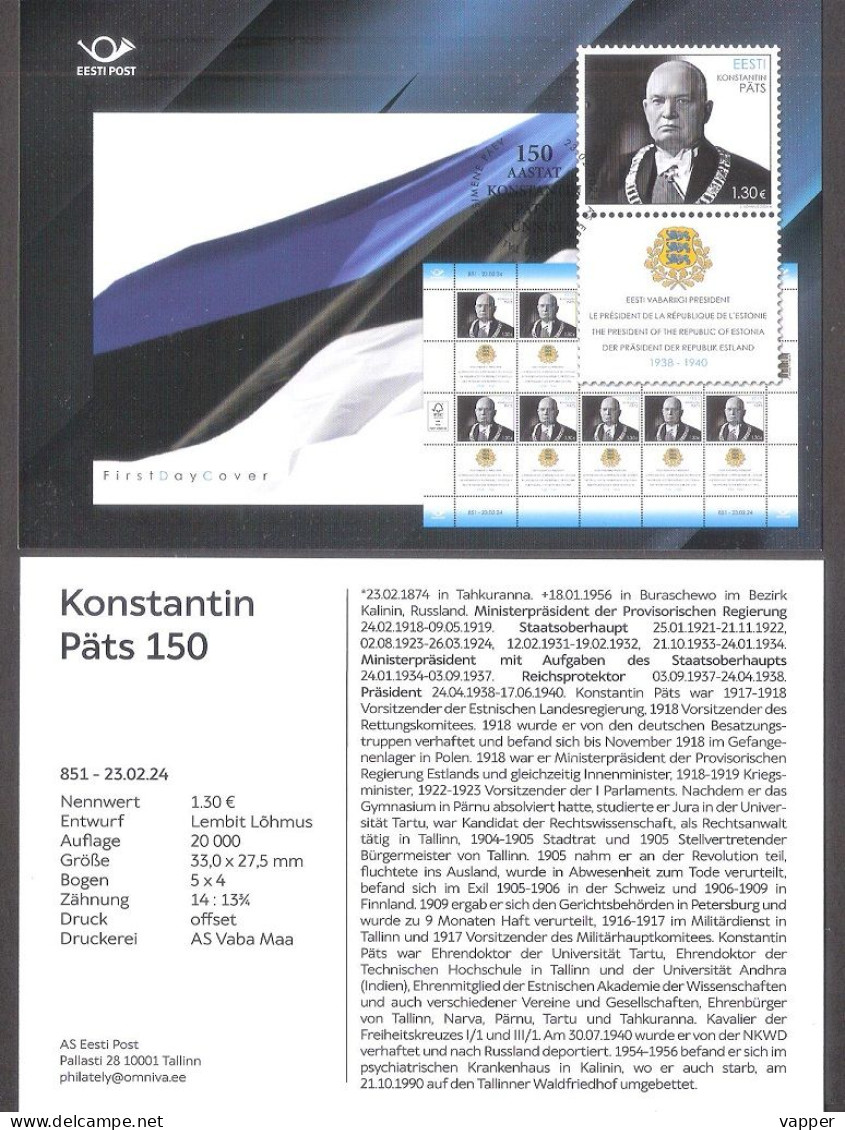 150th Konstantin Päts President Of Estonia 2024 Estonia Stamp Presemtation Card (ger) Mi 1097 - Estland