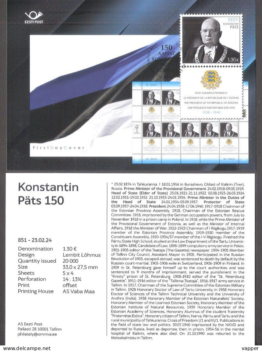 150th Konstantin Päts President Of Estonia 2024 Estonia Stamp Presemtation Card (eng) Mi 1097 - Estland