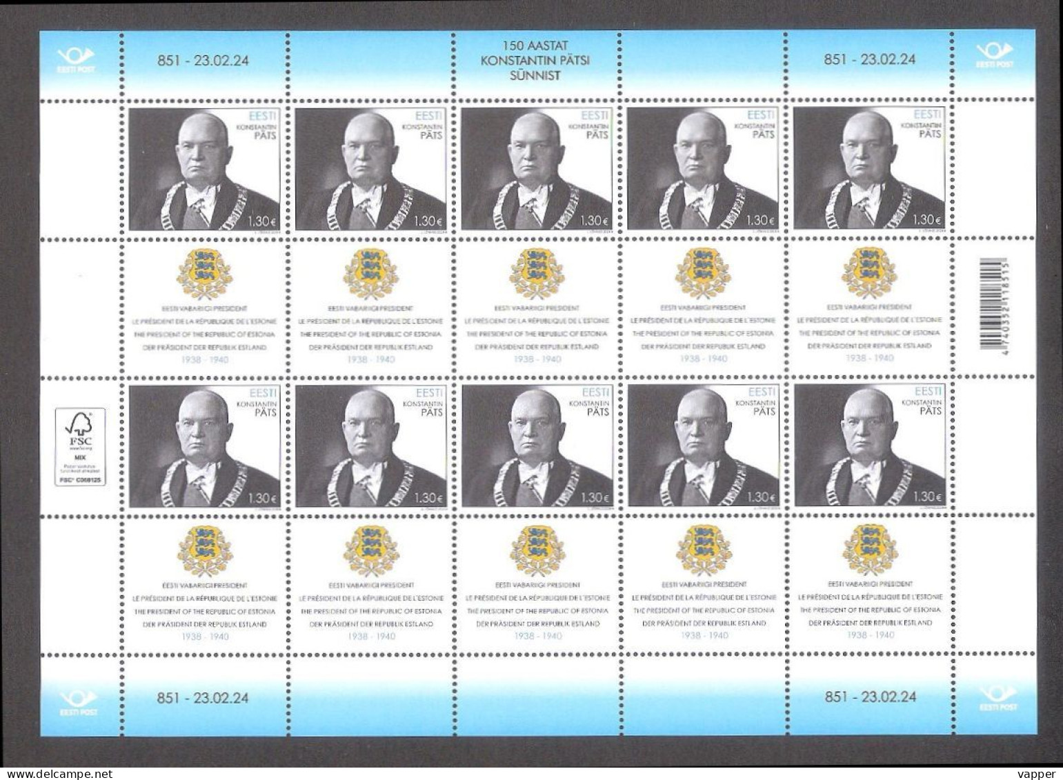 150th Konstantin Päts President Of Estonia 2024 Estonia MNH Stamp Sheet Of 10 Mi 1097 - Estland