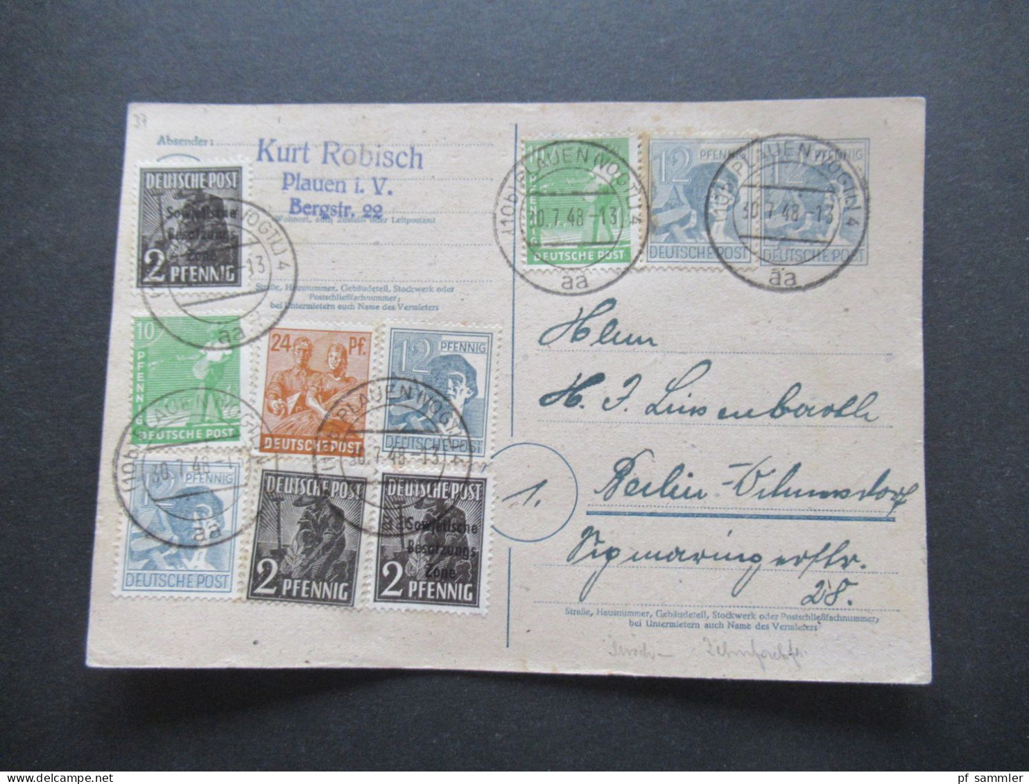 30.7.1948 ZF Kontrollrat GA + Arbeiter Und SBZ Aufdruck MiF Verwendet In Der SBZ Plauen Im Vogtland - Berlin - Storia Postale