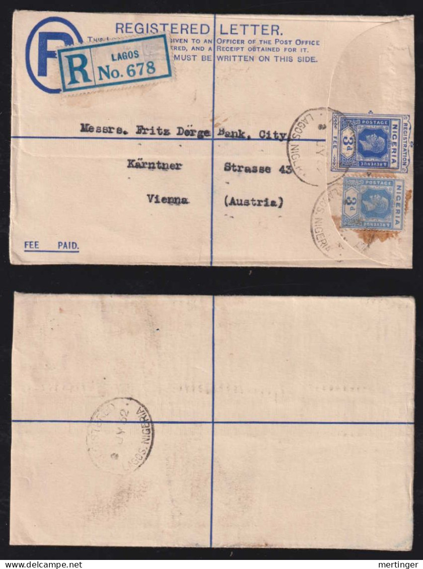 Nigeria 1932 Uprated Stationery Registered Letter LAGOS X VIENNA Austria - Nigeria (...-1960)
