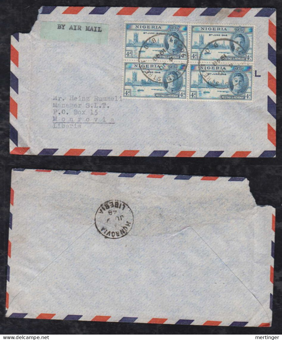 Nigeria 1948 Airmail Cover 4x4P WWII LAGOS To MONROVIA Liberia - Nigeria (...-1960)