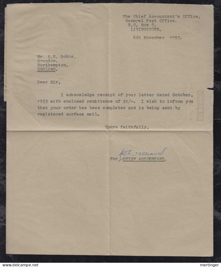 Northern Rhodesia 1953 Aerogramme Stationery Air Letter LIVINGSTONE To England - Rhodésie Du Nord (...-1963)