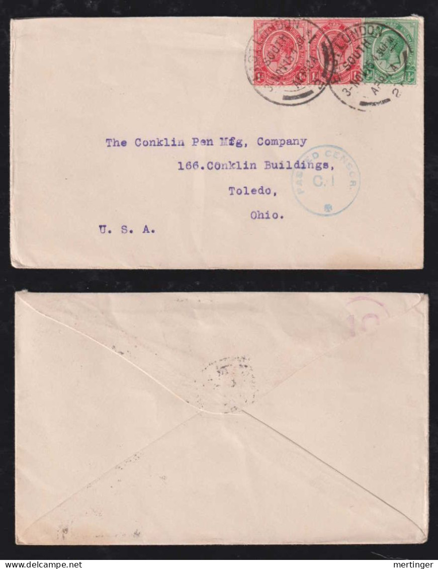 South Africa 1915 Censor Cover EAST LONDON X TOLEDO USA - Covers & Documents