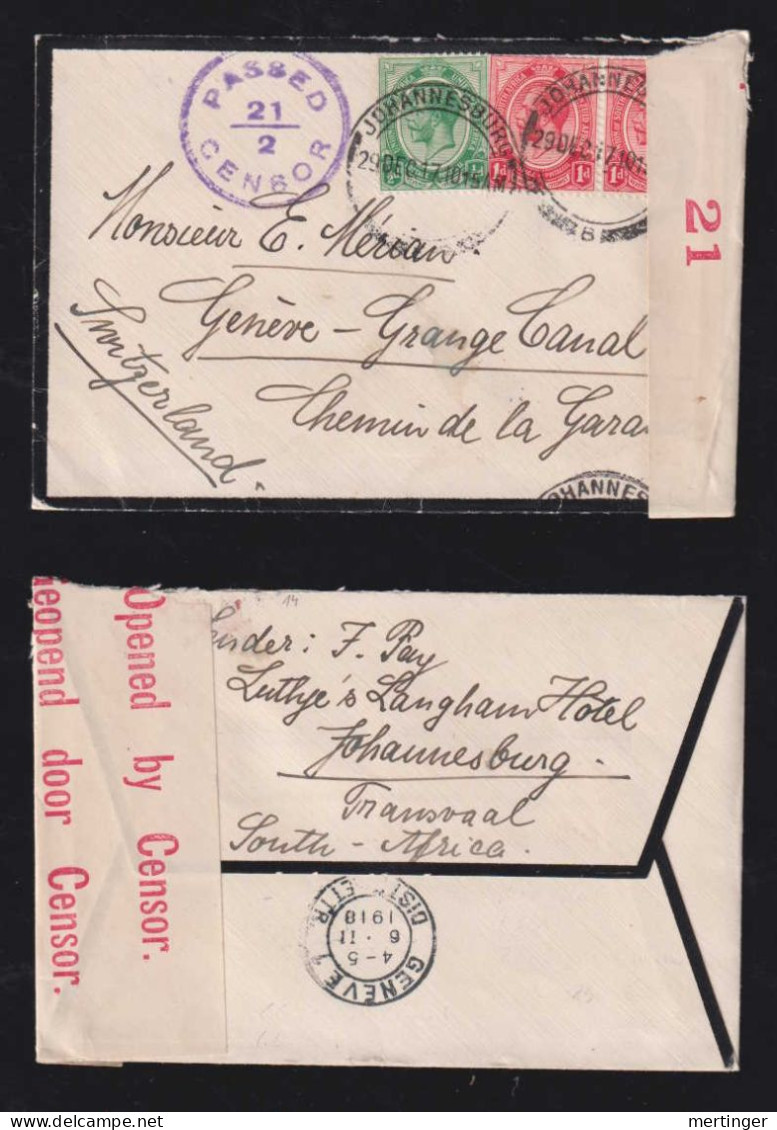 South Africa 1917 Censor Cover JOHANNESBURg X GENEVA Switzerland - Covers & Documents