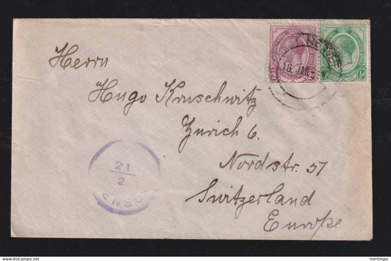 South Africa 1919 Censor Cover To ZÜRICH Switzerland - Covers & Documents