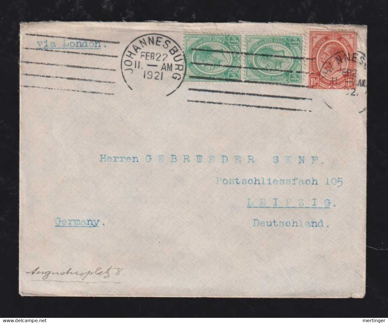 South Africa 1921 Cover 1½d + 2x ½d  JOHANNESBURG X LEIPZIG Germany - Covers & Documents