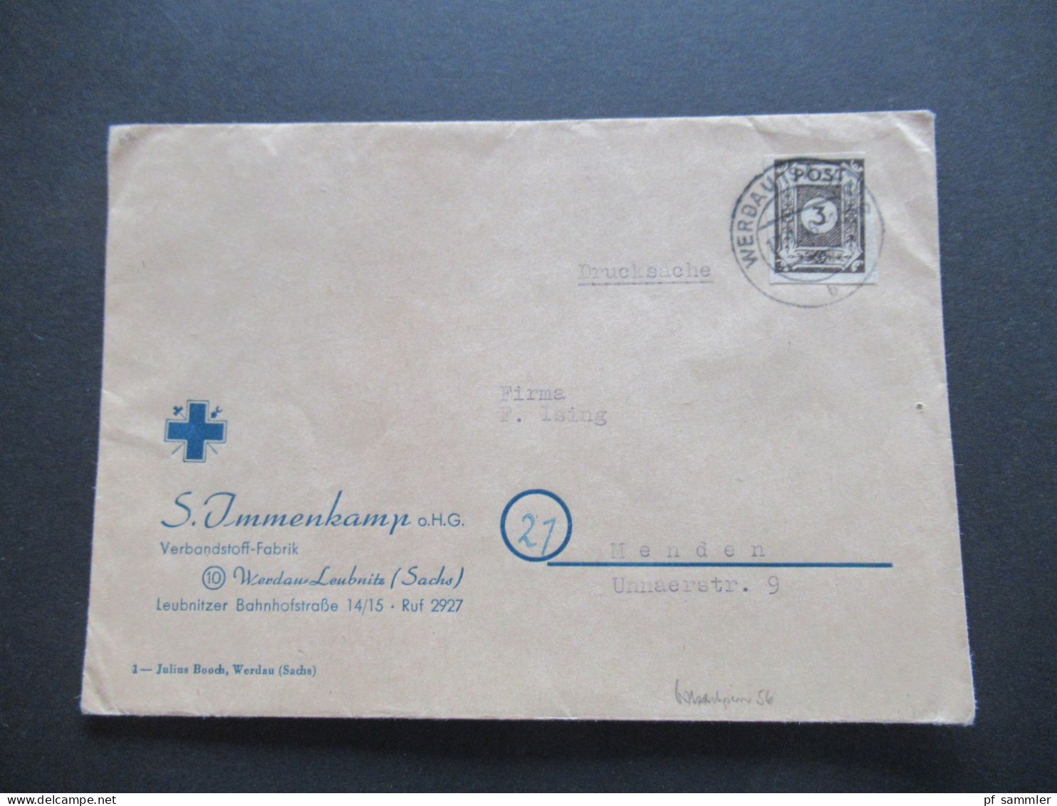 SBZ Ost Sachsen Mi.Nr.51 EF Drucksache Firmenumschlag Blaues Kreut S. Immenkamp Verbandstoff Fabrik Werdau Leubnitz - Lettres & Documents