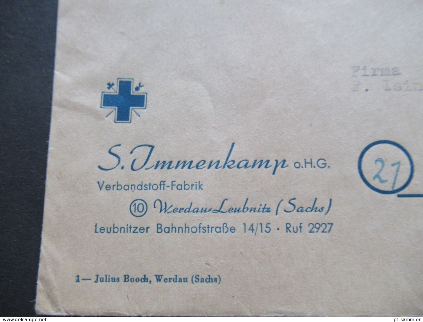 SBZ Ost Sachsen Mi.Nr.51 EF Drucksache Firmenumschlag Blaues Kreut S. Immenkamp Verbandstoff Fabrik Werdau Leubnitz - Lettres & Documents