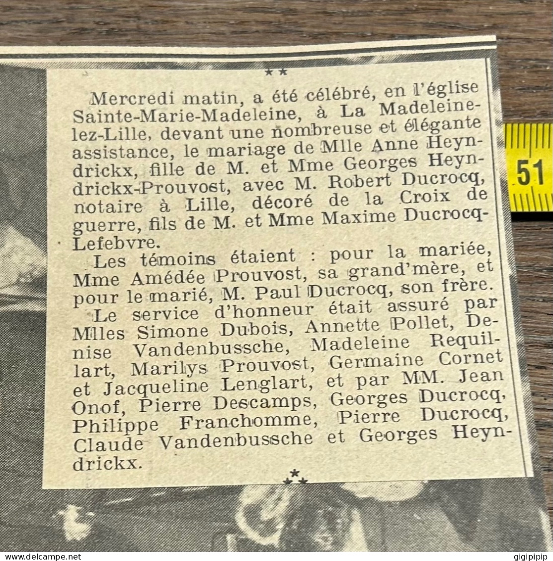 1930 GHI3 MARIAGE DE MIle Anne HEYNDRICKX AVEC M. Robert DUCROCQ La Madeleine - Collections