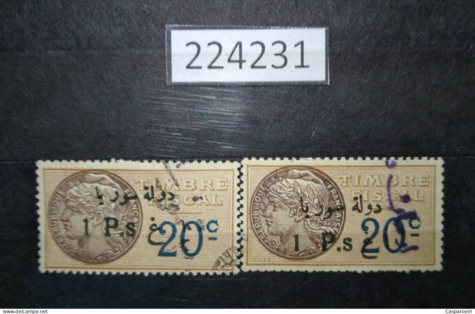 224231; French Colonies; Syria; 2 Revenue French Stamps 1P/20c; Ovpt. Etat De Syrie; Font Variation; USED - Oblitérés