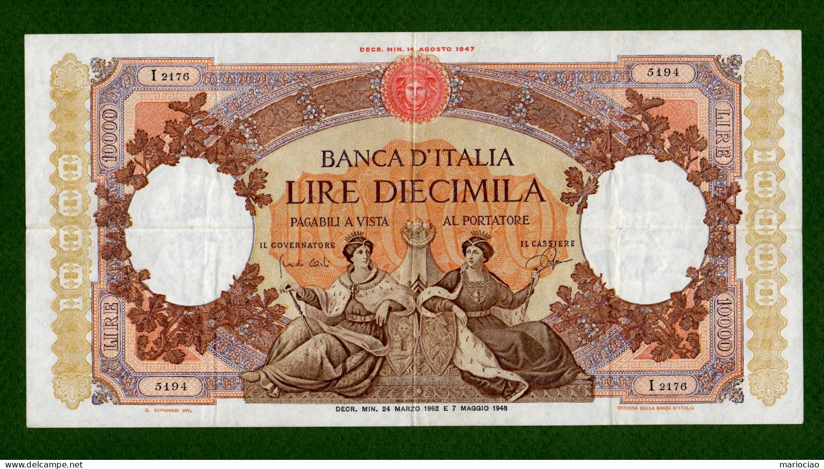 MB-IT Diecimila Lire Decr. Min. 24 Marzo 1962 Governatore Guido Carli - 10000 Lire